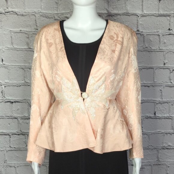 I. Magnin Vintage Peach Silk Floral Peplum Jacket, Women's 8 - Picture 1 of 10